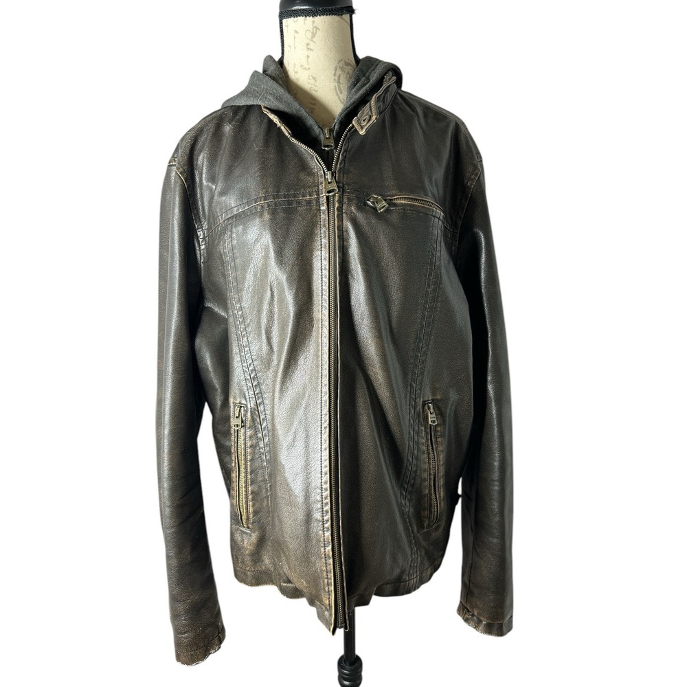 Levis‎ Faux Leather Jacket Size Large Full Zip Rider Trucker Hooded Motorcycle